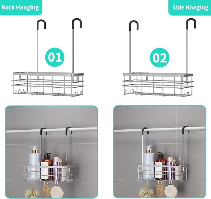 HapiRm Hanging Shower Caddy Organizer - No Drilling Shower Organizer with Hooks, Rustproof & Waterproof 304 Stainless Steel Bathroom Shelves - Silver (1 Basket)