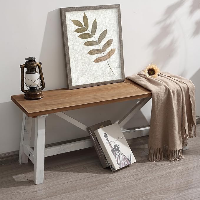 Wnutrees 43" Farmhouse Solid Wood Bench, Narrow Long Seat for Entryway Living Room Dining Area, White