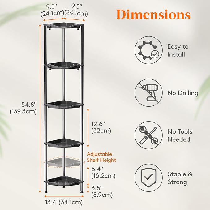 Lifewit Floor Standing Shower Caddy Corner, 5 Tier Plastic Shower Stand Rack with Adjustable Feet and Hooks, Rustproof Bathroom Shelf Organizer, Black，34 x 24 x 139 cm/13 x 9.5 x 55 inch