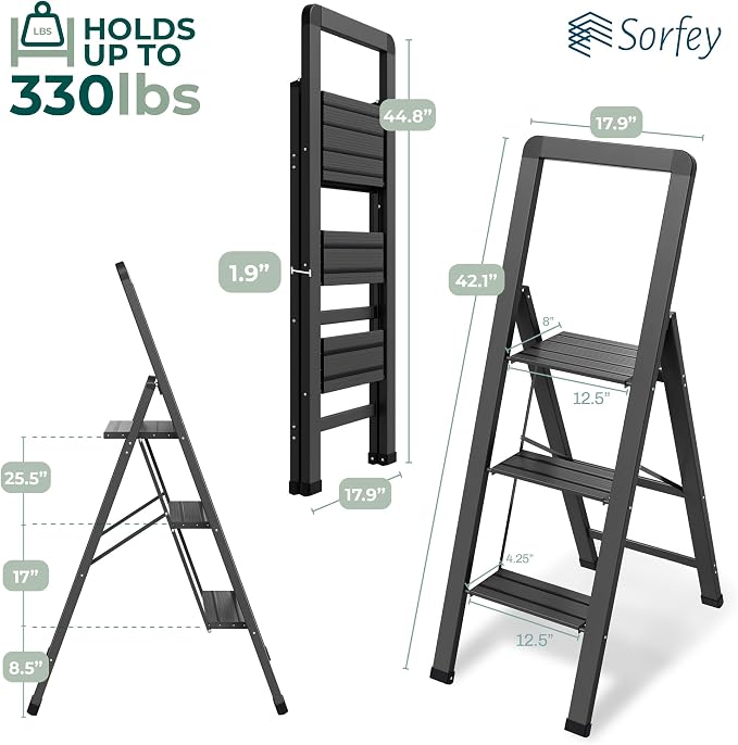 Step Ladder 3 Step Folding, Decorative - Modern Beautiful Black Aluminum,Lock Mechanism, Ultra Slim Profile, Anti Slip Steps, Sturdy-Portable for Home, Office, Kitchen, Photography Use,by SORFEY