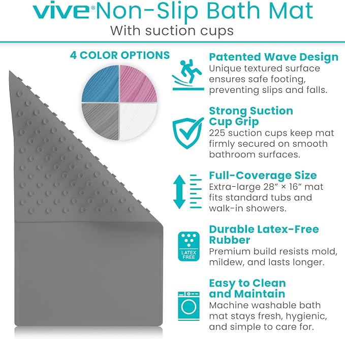 Vive Non-Slip Bath Mat with Suction Cups - 28" x 16" Extra Large Rubber Mat for Safety & Comfort - Patented Grip Prevents Slips and Falls for Kids, Elderly, Men, Women - XL Non Skid Shower & Tub Cover