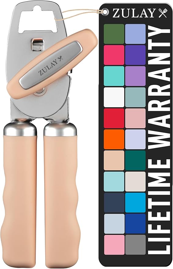 Zulay Kitchen Heavy Duty Stainless Steel Can Opener Manual with Bottle Opener - Rust Proof Manual Can Opener With Turn Knob & Comfy Soft Grip Handles - Apricot Peach