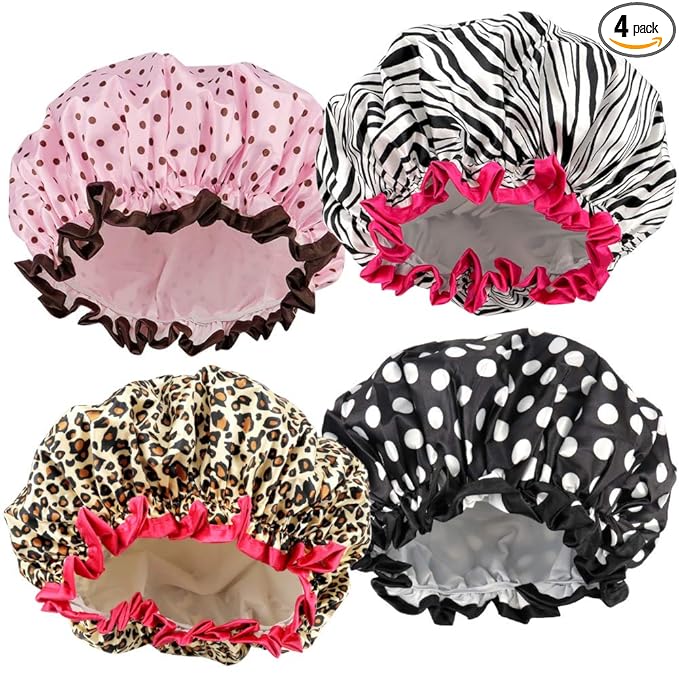 TCOTBE 4 Pieces Shower Cap for Women, Elastic and Reusable, Environmental Protection Hair Bath Caps, Double Waterproof Layers Bathing Hat