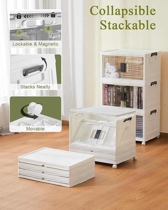 OlarHike 48QT Lockable Storage Bins with Lids - Folding Storage box with Doors & Wheels, Collapsible Plastic Bins for Home, Closets, Dorm, School, Stackable Storage Organizer& Containers, 4 Pack Cubes