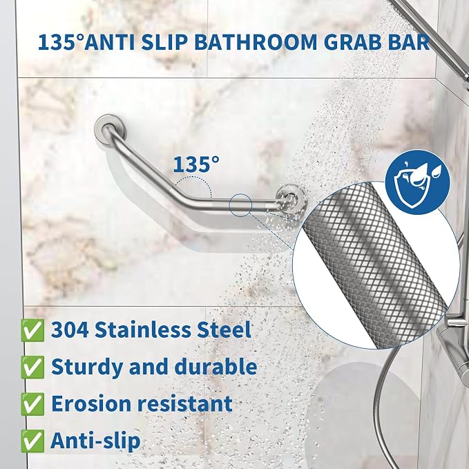16 Inch Angled Shower Grab Bar, Munzong 2 Pack Anti Slip Satin Brushed Nickel Bathroom Grab Bar, Knurled Bathroom Balance Bar,Safety Hand Rail Support Handicap Elderly Injury Senior Assist Bath Handle