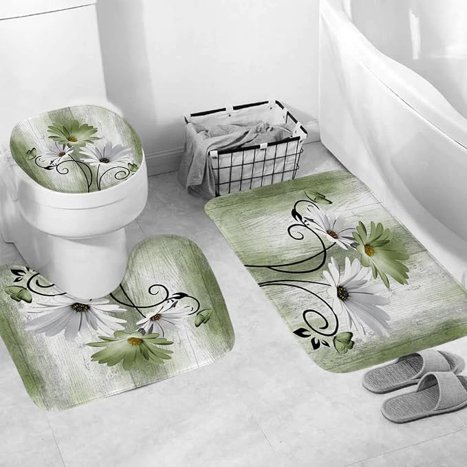 Onalasyc 4PCS Grass Green Daisy Flowers Butterfly Shower Curtain Set with Shower Curtain and Carpet and Accessories, Waterproof Bathroom Shower Curtain Decorative Set with 12 pcs Hooks,71 x 71in
