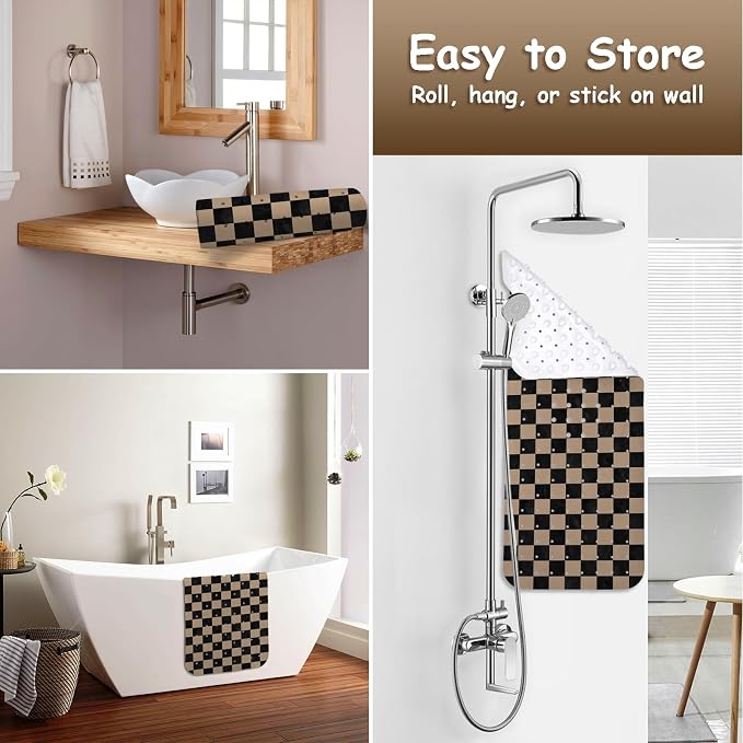 Bathtub Mat Non Slip, Checkered Extra Long Bath tub Mat Shower Floor Mat with Suction Cups and Drain Holes for Adults Kids Elderly 40 X 16 Inch