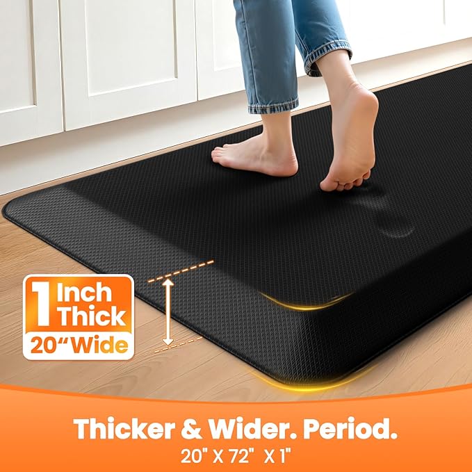 Kitchen Mats for Floor, 1 Inch Extra-Thick Kitchen Rugs, Non-Slip & Waterproof Standing Desk Mat, Comfort Anti Fatigue Mats for Kitchen Floor, Home, Sink, Office (20" X 72", Black)