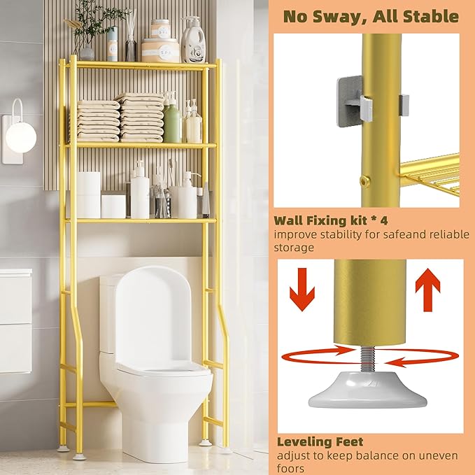 Livilord 3-Tier Over The Toilet Storage Rack, Space Saver Metal Bathroom Shelves, Freestanding Over Toilet Bathroom Organizer for Bathroom/Living Room (Gold)