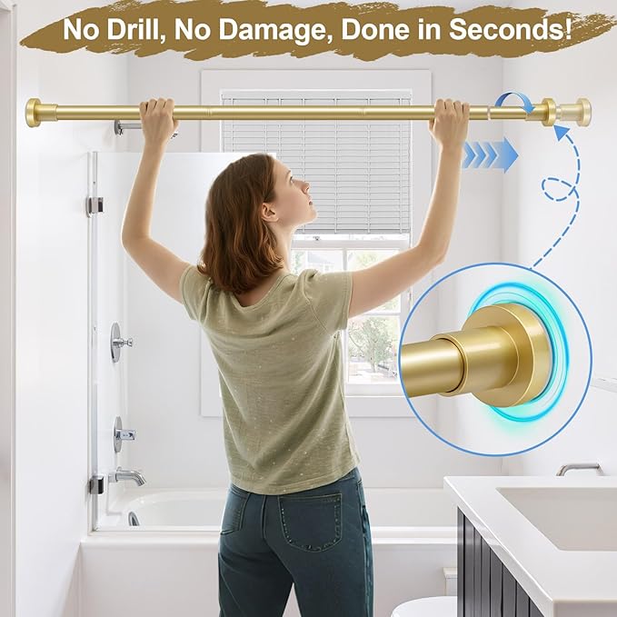 YNL Gold Shower Curtain Rod 32-94 Inch(2.7-7.8ft), Non-Slip, Never Rust, Stainless Steel No Drill Spring Tension Shower Rod, Adjustable Long Curtain Rod for Bathroom Window Patio