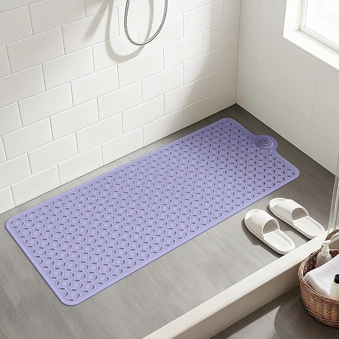 OTHWAY Bath Mat for Tub Non Slip: 39" X 17" Long Bathtub Mat with Hair Catcher│Big Drain Holes Shower Mats for Inside Shower│Machine Washable (Lavender)