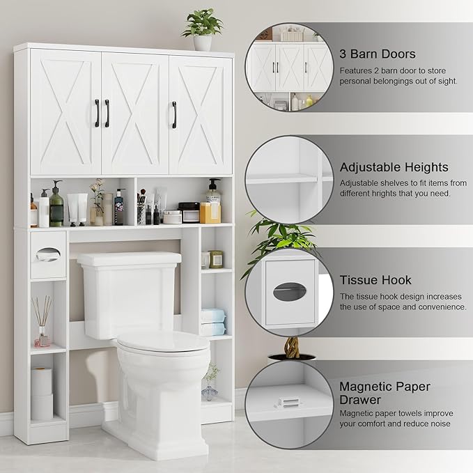 Over The Toilet Storage Cabinet, Farmhouse Toilet Cabinet Rack with 3 Barn Doors, Space Saving Bathroom Organizer with Shelves, Toilet Paper Holder and Towel Rack for Bathroom,Restroom,Laundry, White