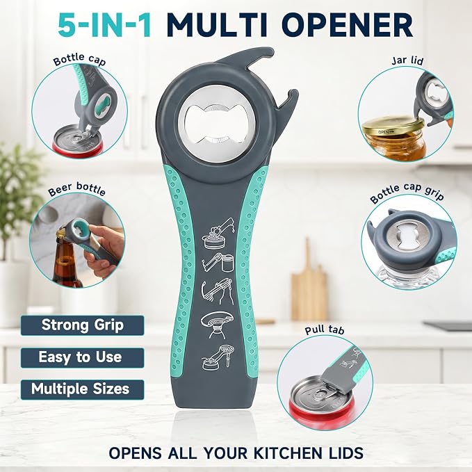 KORCCI Jar Opener 3 Pack Set for Weak Hands, 5-in-1 Lid and Bottle Opener with 4-in-1 Can Opener & Non-Slip Rubber Gripper Pad, Easy Grip Kitchen Tool for Stubborn Jars and Bottles