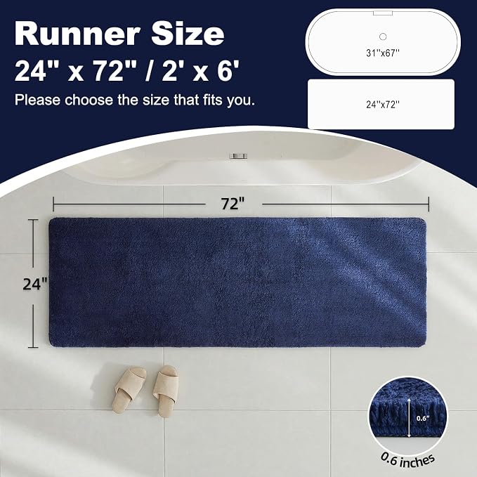 TYUU Bathroom Runner Rug, Ultra Soft Long Bath Mat Super Absorbent Quick Dry Bathroom Runner Rugs 24 x 72 Non Slip Washable, Navy Blue 24" x 72"