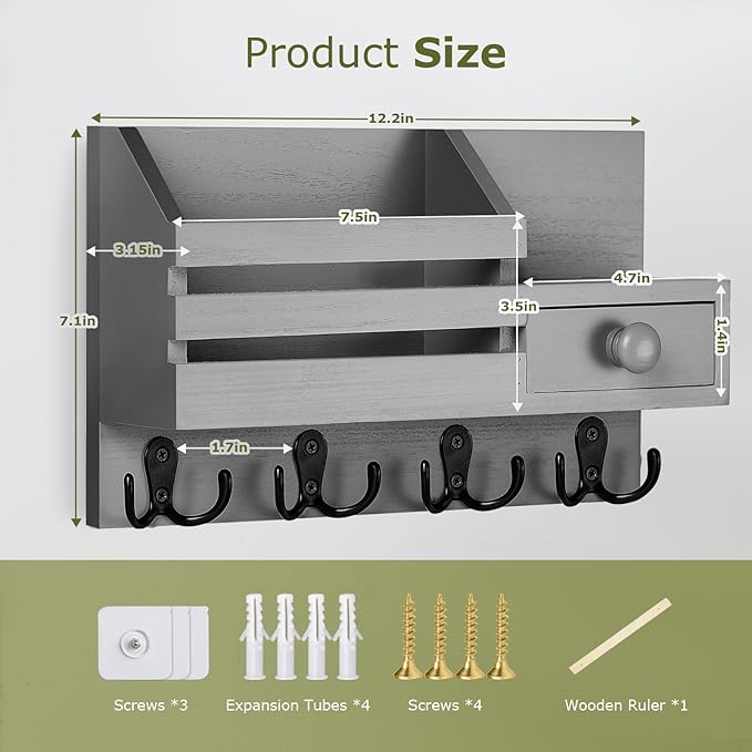 Key Holder Wall Mount, Wooden Adhesive Mail and Key Organizer with Drawer, Small Shelf, 8 Hooks, 2 Installation Methods, Gray