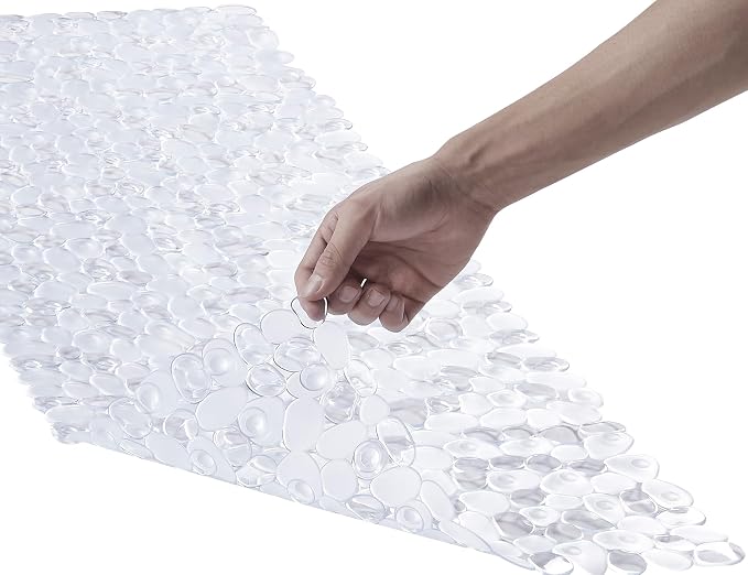 Webos Bath Shower Mat Non Slip: Extra Large Pebble Bathtub mat for Families, Anti Slip Shower Matt with Drain Holes Suction Cups Tub Mat - 16 X 40 Inch Clear