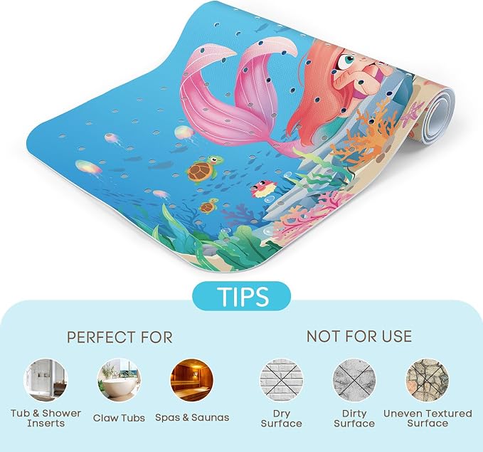SHUCHING Mermaid Bath Mat for Tub Non Slip-40 X 16 Inch, Girl Bathtub Mat Non Slip, Long Shower Mat for Toddler Baby Kids