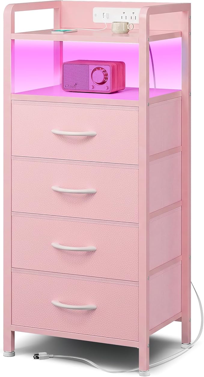 Lazzanto Night Stand Bedside Charger Bedroom - Nightstand with Charging Station & LED Light Strip, Night Stand with Storage Shelf & 4 Fabric Drawers, Morden End Table with USB Ports&AC Outlets,Pink
