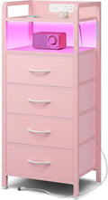 Lazzanto Night Stand Bedside Charger Bedroom - Nightstand with Charging Station & LED Light Strip, Night Stand with Storage Shelf & 4 Fabric Drawers, Morden End Table with USB Ports&AC Outlets,Pink