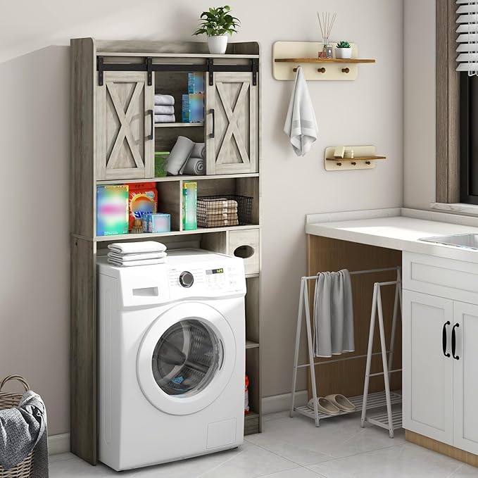 Vabches Over The Toilet Storage Cabinet, Farmhouse Storage Cabinet Over Toilet with Sliding Door& Toilet Paper Holder Stand，Home Space-Saving Toilet Rack, for Bathroom, Restroom, Laundry