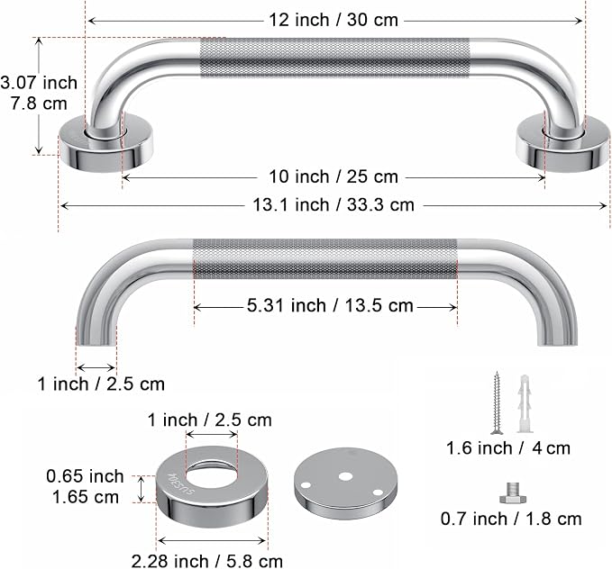 12 Inch Anti-Slip Shower Grab Bar, iMomwee Chrome Stainless Steel Bathroom Grab Bar Handle with Textured Grip, Shower Balance Bar, Safety Hand Rail Support, Handicap Elderly Senior Assist Bath Handle