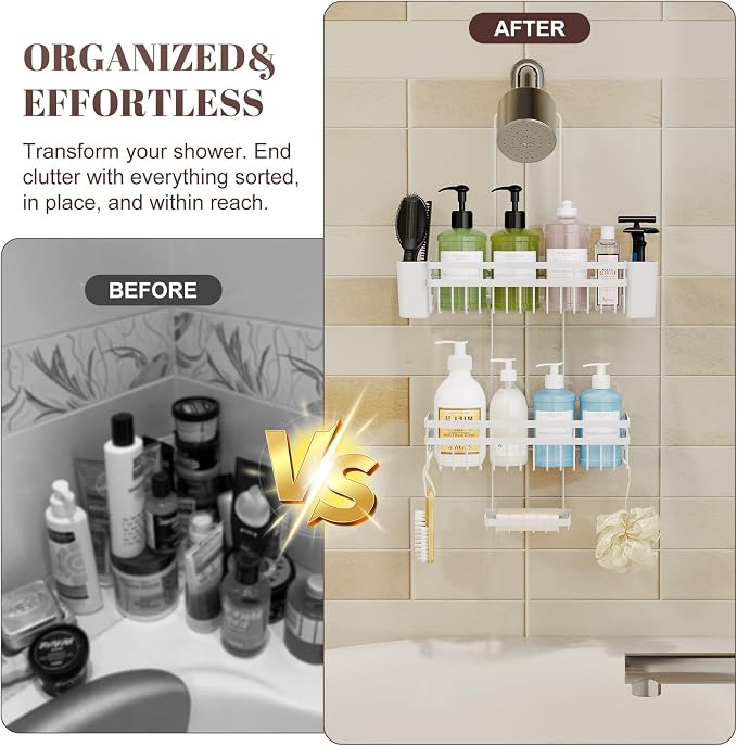 Shower Caddy Hanging for Bathroom Organizers and Storage, 3 Tier Adjustable Anti-Swing Shower Organizer hanging with Heavy-Duty Suction Cups, Damage-Free Rustproof (White)