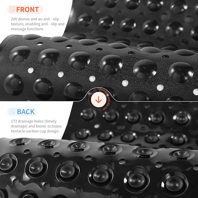 Anti-Slip Bathtub Shower mat, 40×16 inch（ 100 × 40cm） Soft Oversized Machine Washable Non-Slip Bathtub mat with Drainage Holes, Bathroom Floor Suction Cup.（1-Opaque Black）