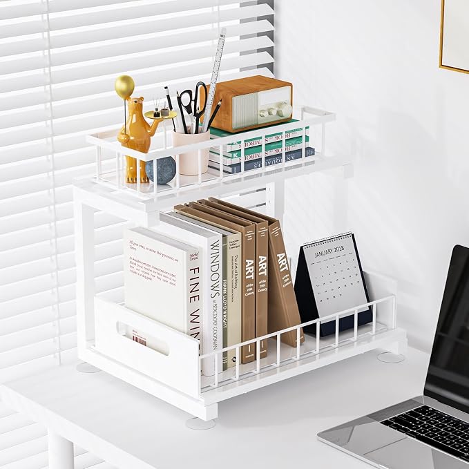 Under Sink Organizer, Heavy Duty Metal Pull Out Cabinet Organizer Slide Out Sink Shelf Organizer Height Adjustable, Multi-Purpose Storage Shelf for Kitchen Bathroom(White,2Pack)