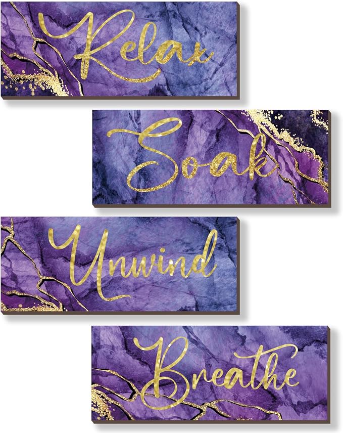 ONIZHITY 4 Pcs Purple and Gold Bathroom Decor Large Relax Soak Unwind Breathe Wooden Sign Rustic Marble Style Bathroom Accessories for Bedroom Living Room Wall Decor(Purple Gold 14X5.5 Inches)