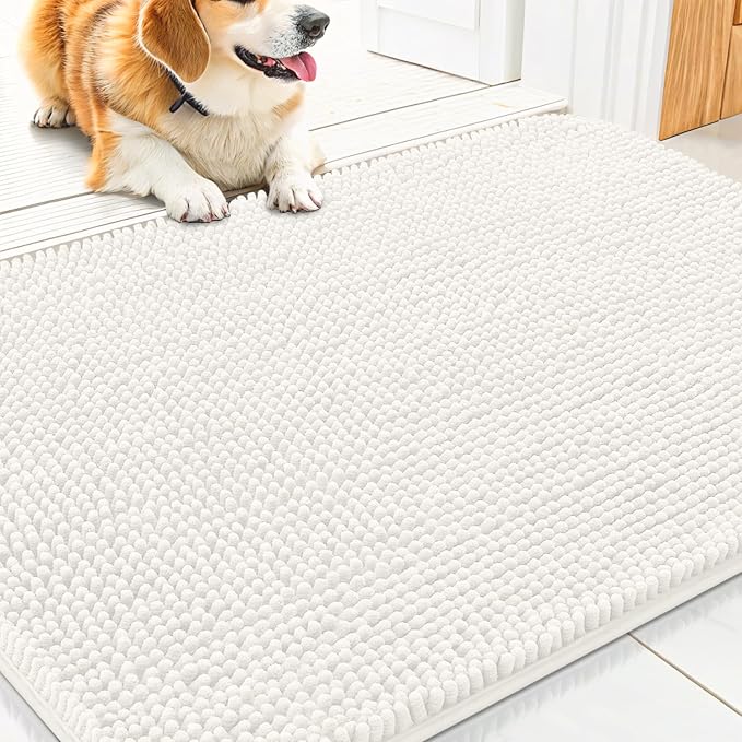 Smiry Dog Door Mat for Muddy Paws 30x20, Absorbent Dirt Trapper, Non-Slip Washable Chenille Entryway Rug for Inside Floor, Ivory, Classic Solid