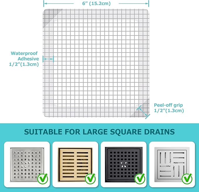 25 Pack Disposable Shower Drain Hair Catcher Mesh Stickers - Peel & Stick Drain Strainers to Prevent Clogs, Strong Waterproof Adhesive, Mess-Free Disposable Drain Covers for Shower, 6 inch, Square