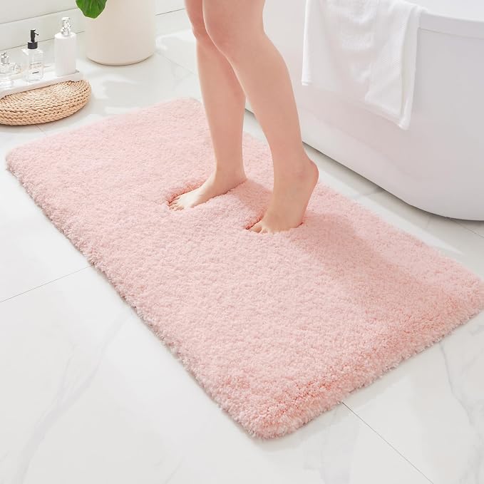 ILANGO Pink Christmas Bathroom Rugs 60" × 24" Non Slip & Super Absorbent Extra Thick Soft, Washable Bath Carpet Runner for Floor, Microfiber Plush Shaggy Bath Mats with Rubber for Bathtub Shower Room