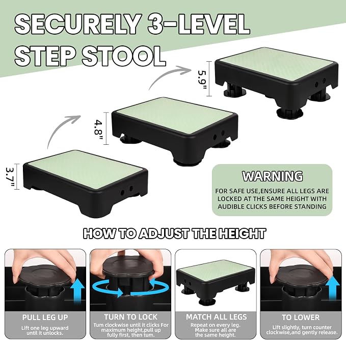 Noctilucent Step Stool for Seniors Adults, Adjustable Bed Step Stools, 600 LBS Capacity Non-Slip Safety Step Platform Indoor and Outdoor for Adults, Step Stools Elderly Assistance at Night