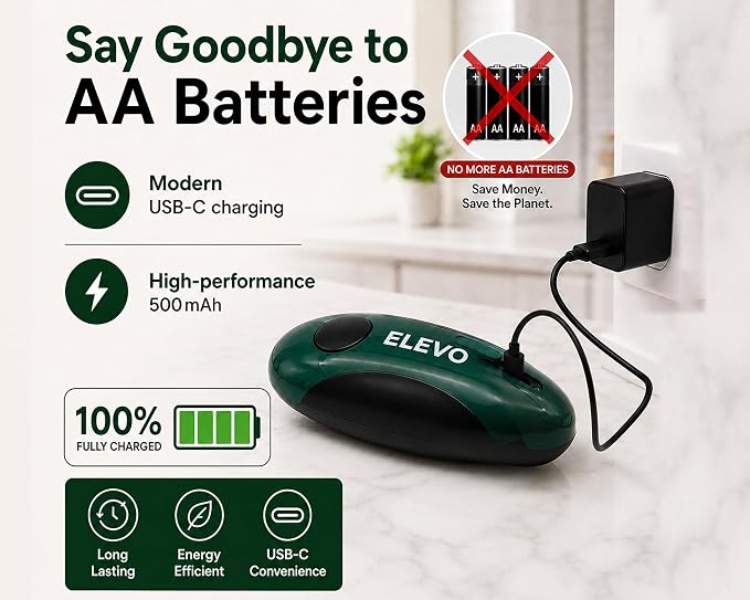 ELEVO Electric Can Opener – USB-C Rechargeable, Hands-Free Automatic Tin Opener | 360° One-Touch Smooth Edge, Magnetic Lid Lifter & Stuck Lid Remover | Portable & Safe Kitchen Tool