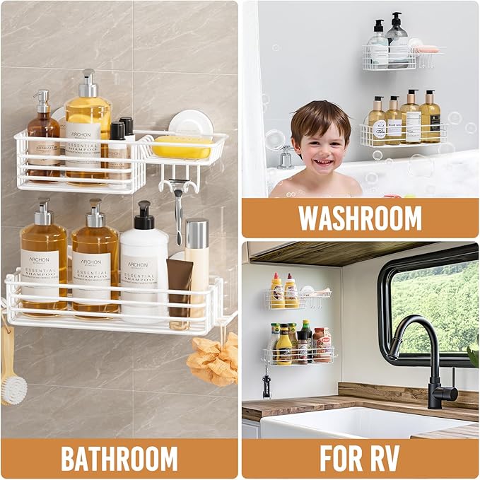 LEVERLOC Shower Caddy Suction Cup, 2 Pack Shelves for Inside with Hooks and Soap Holder, NO-Drilling Bathroom Organizer, Rustproof Meatl Bathroom Holder, White