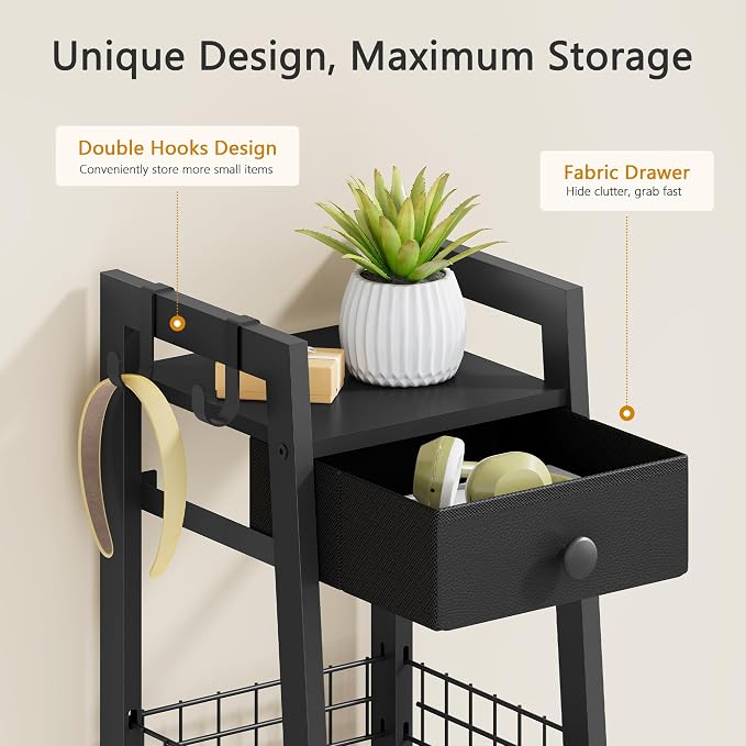 Gewudraw 3-Tier Narrow Ladder Shelf with Drawer, Bathroom Table Stand for Small Space, Narrow Bathroom Standing Shelves with Storage for Living Room Bedroom Kitchen, Black