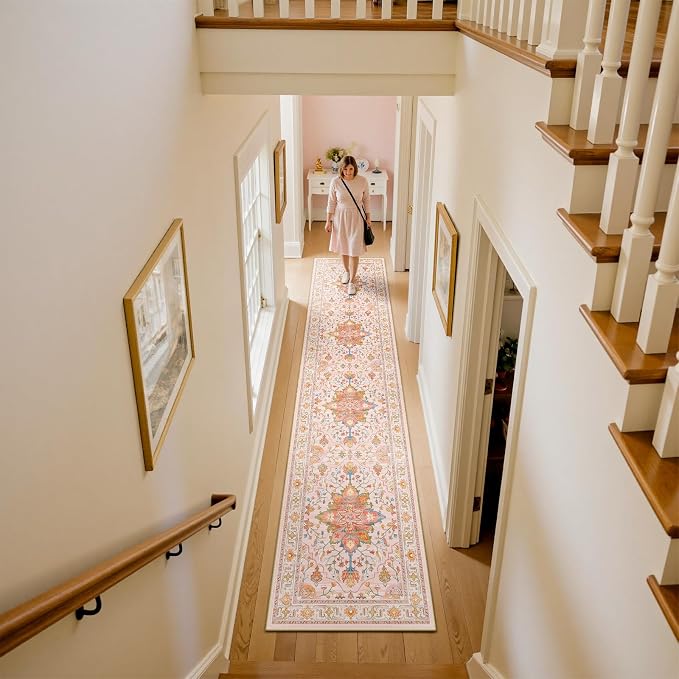 RELEANY Area Rugs Runner 2'x10' Washable Non-Slip, Floral Vintage Distress Medallion Carpet for Kitchen Hallway Bedroom Beside Laundry Room Bathroom, Light Pink Colorful