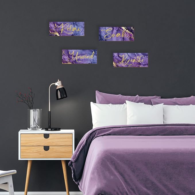 ONIZHITY 4 Pcs Purple and Gold Bathroom Decor Large Relax Soak Unwind Breathe Wooden Sign Rustic Marble Style Bathroom Accessories for Bedroom Living Room Wall Decor(Purple Gold 14X5.5 Inches)