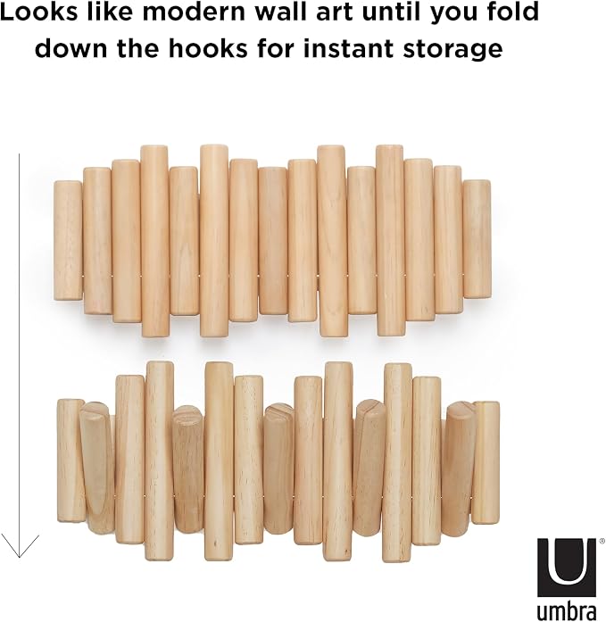 Umbra Picket Wall-Mounted Coat Rack Rail Hook with 5 Retractable Wood Pegs – Modern, Space-Saving Storage Organizer, Natural (Pack of 3)