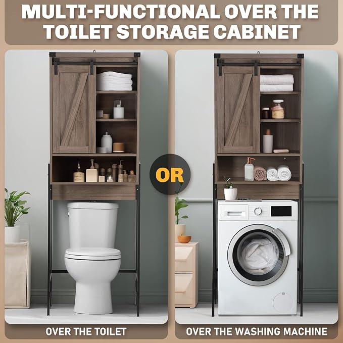 Over The Toilet Storage Cabinet, Behind Toilet Bathroom Organizer with Adjustable Shelves, Above Toilet Organizers with Barn Door, Space Saver for Restroom, Bathroom, Laundry, Grey