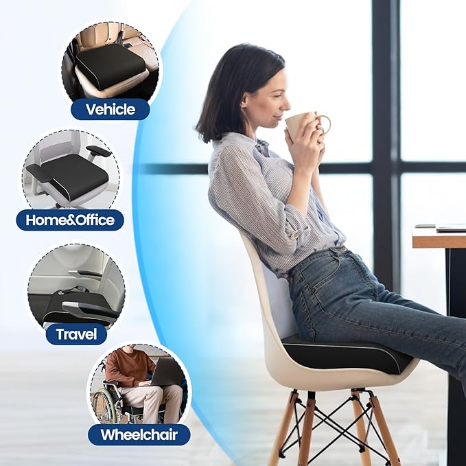SweetSlubr Seat Cushion for Tailbone Pain Relief, Office Chair Cushion, Memory Foam Large Chair Cushion with Non-Slip Cover for Soft Support at Office Chair, Car Seat, Airplane Black/XLarge