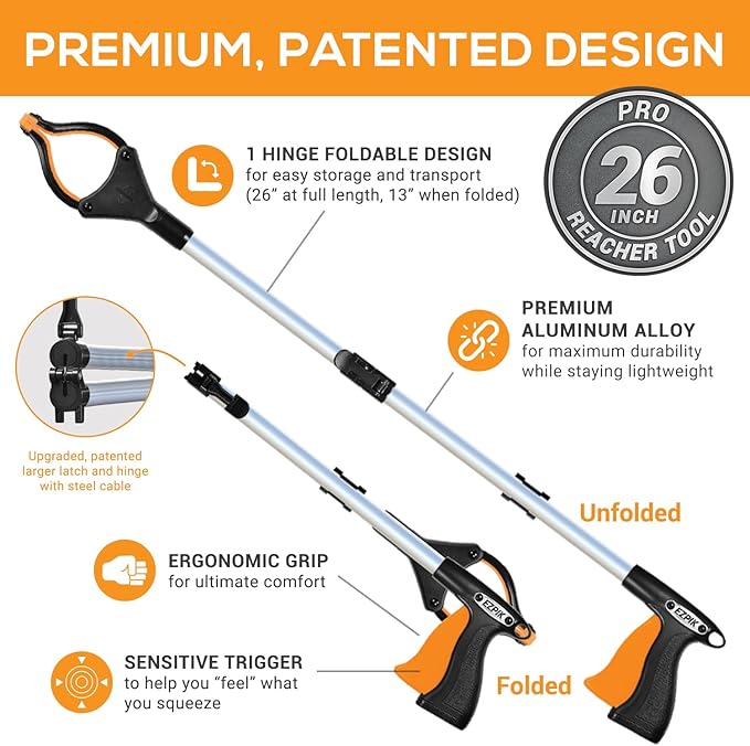 EZPIK Pro 26" Foldable Grabber Reacher Tool for Seniors - Grabbers for Elderly Reaching Tool Heavy Duty Pickup Trash Picker Upper Equipment - Claw Grabber Stick for Reaching Aids, Weed Gripper