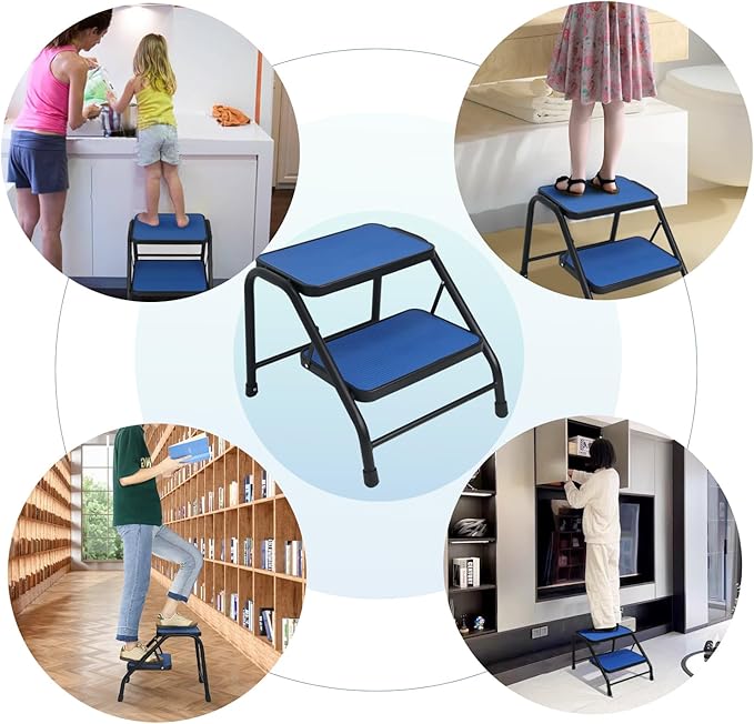 Duwee 2 Step Ladder,Step Stool with Wide Anti-Slip Pedal,Heavy Duty Portable Step Ladder Anti-Slip Step Stool for Household, Kitchen,Bathroom,Blue