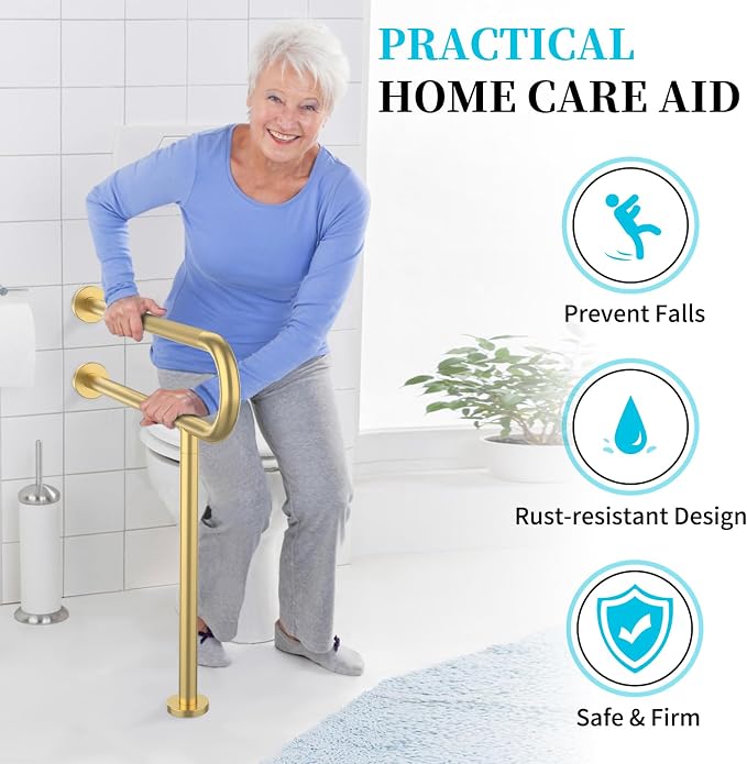 Toilet Support Rail 32 Inch, Munzong Anti-Slip Gold Handicap Grab Bar for Bathroom, Stainless Steel Knurled Safety handrails with Leg for Elderly Disabled Pregnant-1.25’Tube