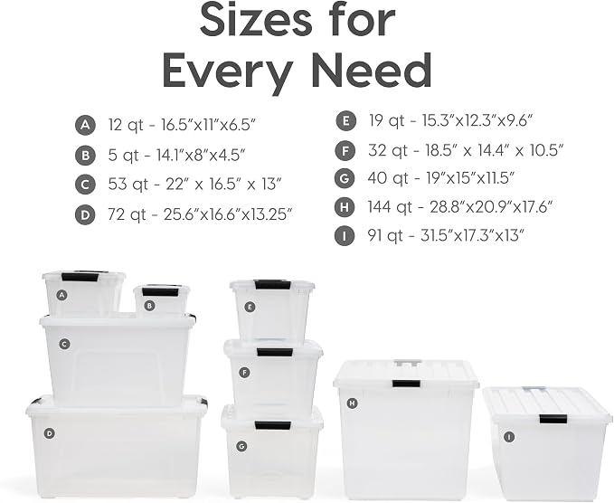 IRIS USA 6 Qt Stackable Plastic Storage Bins with Lids, 10 Pack - BPA-Free, Made in USA - See-Through Organizing Solution, Latches, Durable Nestable Containers, Secure Pull Handle - Clear