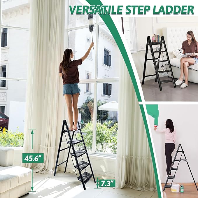 5-Step Folding Ladder for Home Use, Heavy-Duty Step Ladder with Anti-Slip Wide Steps, Portable Foldable Ladder, 330 lbs Load Capacity