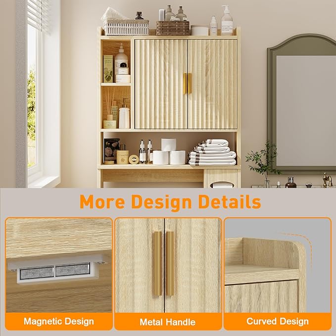 knoworld Fluted Over The Toilet Storage Cabinet, Above Toilet Bathroom Organizer with Toilet Paper Holder, Modern Behind Toilet Cabinet, Space Saver for Restroom, Bathroom, Laundry, Natural Oak