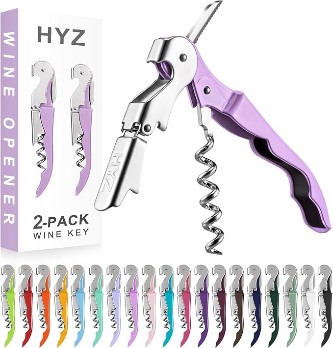 HYZ 2-Pack Wine Opener Waiter Corkscrew, Professional Wine Key for Servers, Bartender with Foil Cutter, Manual Wine Bottle Opener Double Hinged (Lilac)