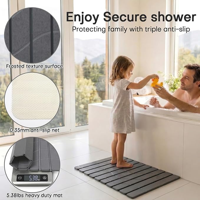 Foldable Stone Bath Mat, Non Slip Large Diatomaceous Shower Mat, Super Absorbent Quick Drying Stone Mat for Bathroom Kitchen Floor Counter Sink,Easy to Clean & Store (32" x 16" Dark Gray)
