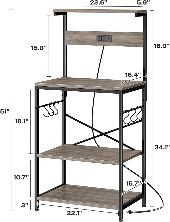 SUPERJARE Kitchen Bakers Rack with Power Outlet, Coffee Bar Table 4 Tiers, Kitchen Microwave Stand with 6 S-shaped Hooks, Kitchen Storage Shelf Rack for Spices, Pots and Pans - Greige